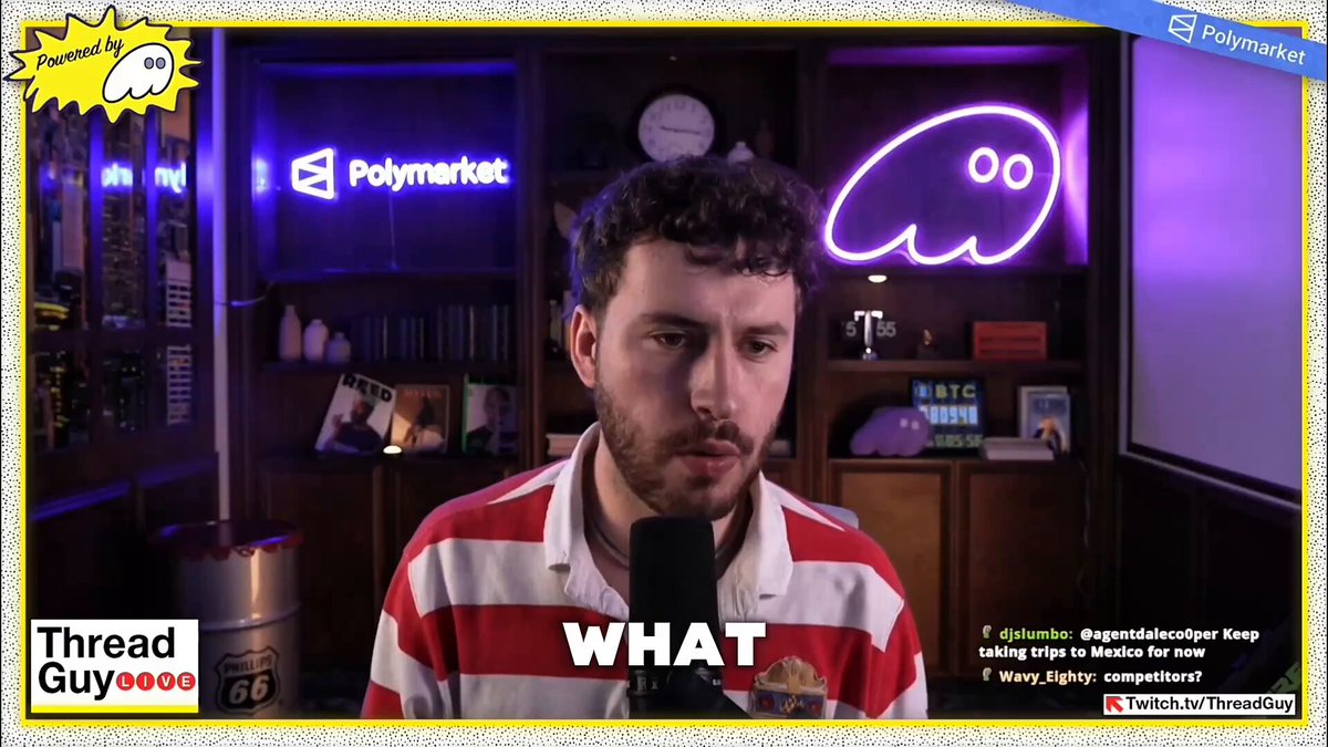 The image shows a man wearing a striped shirt, sitting at a desk with a microphone in front of him. He appears to be talking into the microphone or giving an interview. The background features a clock and a neon sign that says "Polymarket". The text on the image reads "What" and "Thread Guy reveals why Hyperliquid is the greatest product and the exact reason users choose it over trusted US exchanges. The debate between an unregulated decentralized platform and giants like Coinbase or Robinhood comes down to user demand for a superior platform."