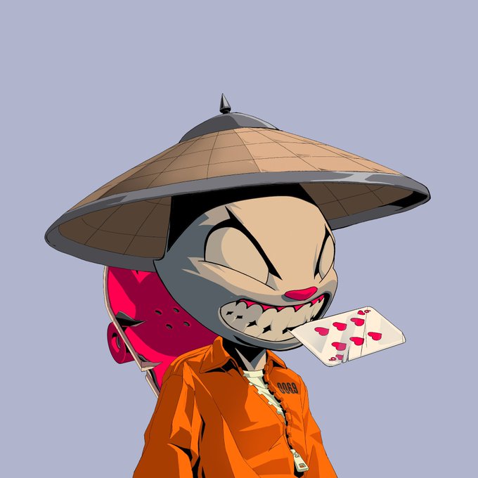 A cartoon character with a wide grin wearing a large conical hat and an orange prison jumpsuit with the number '0083', holding playing cards in its mouth.