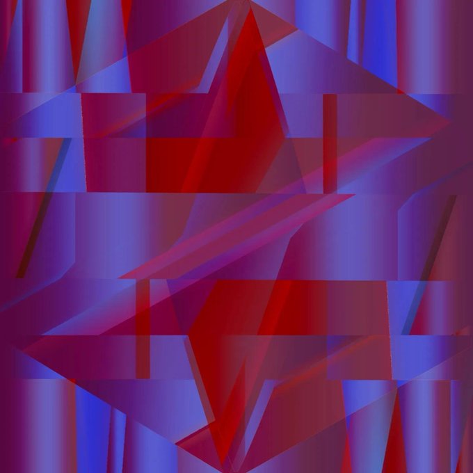 An abstract geometric composition featuring overlapping red and blue/purple translucent triangular and rectangular shapes with gradient shading.