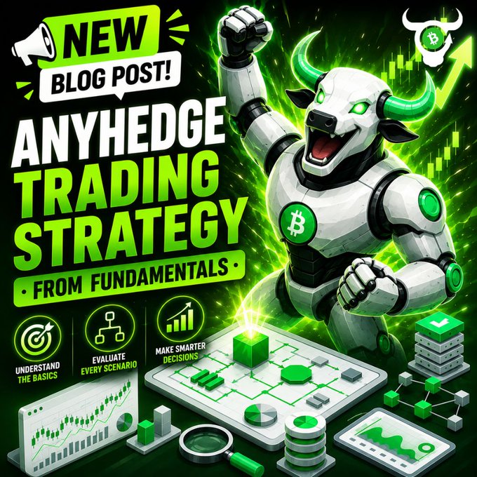 A vibrant promotional graphic announcing a "NEW BLOG POST: ANYHEDGE TRADING STRATEGY FROM FUNDAMENTALS," featuring a roaring robotic bull with a Bitcoin logo alongside trading charts, magnifying glass, and tactical icons labeled "Understand the Basics," "Evaluate Every Scenario," and "Make Smarter Decisions." The bullish imagery and strategic data visuals reinforce the post's message about moving beyond guesswork to mathematically calculated hedges, longs, and shorts using yield modeling and leverage based on price conviction.