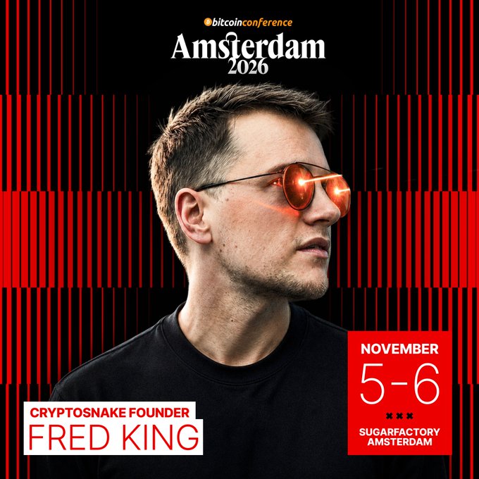 A promotional poster for the "Bitcoin Conference Amsterdam 2026" featuring Fred King, the founder of CryptoSnake, shown wearing sunglasses with red laser-like beams, with the event scheduled for November 5-6 at SugarFactory Amsterdam.