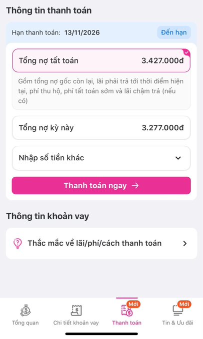 A Vietnamese loan payment screen from the MoMo app showing a due date of 13/11/2026, with the current period's debt ("Tổng nợ kỳ này") at 3,277,000đ and total outstanding debt ("Tổng nợ tất toán") at 3,427,000đ, illustrating the borrower's concern about their 3 million đồng loan growing to 3.4 million đồng in just two days.