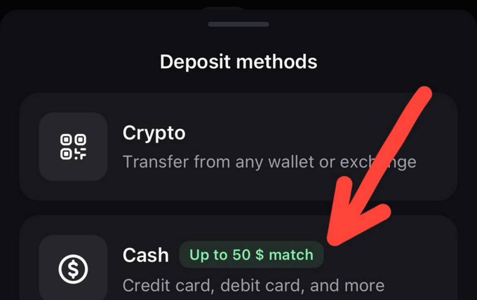 A mobile app screen titled 'Deposit methods' shows two options: 'Crypto - Transfer from any wallet or exchange' and 'Cash - Credit card, debit card, and more' with an 'Up to 50 $ match' badge, with a red arrow pointing to the Cash option.