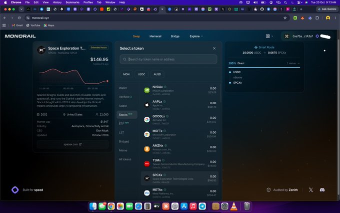 Screenshot of the Monorail decentralized exchange interface on monorail.xyz showing a token swap menu for Space Exploration Token (SPCX) priced at $146.95, with a list of selectable tokens including NVDAx, AAPLX, GOOGLx, MSFTx, AMZNx, TSMX, and SPCXx.