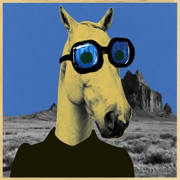 A surreal digital artwork featuring a yellow horse wearing blue reflective sunglasses, set against a bright blue sky with rocky mountains and a desert landscape in the background.