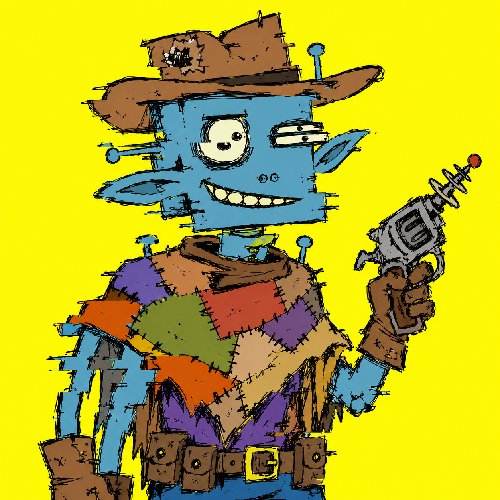 A cartoon illustration of a blue, stitched-up Frankenstein-like monster wearing a patched hat and vest, holding a ray gun against a bright yellow background.