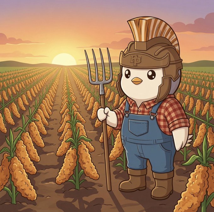 A cartoon chicken mascot dressed as a farmer with overalls, a plaid shirt, and a "PP" branded helmet holds a pitchfork in a sunset cornfield, fitting the "gm" (good morning) post with its wholesome farm vibes.