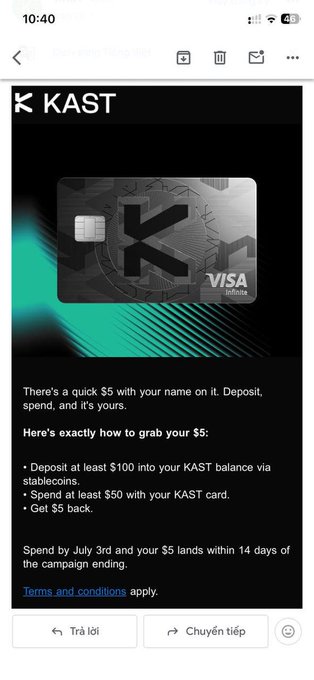 A promotional screenshot from KAST featuring a black Visa Infinite card design, advertising a "$5 back" cashback campaign requiring users to deposit at least $100 via stablecoins and spend at least $50 with their KAST card by July 3rd. The image visually reinforces the post's message about the simple cashback promotion and crypto utility of the KAST card.