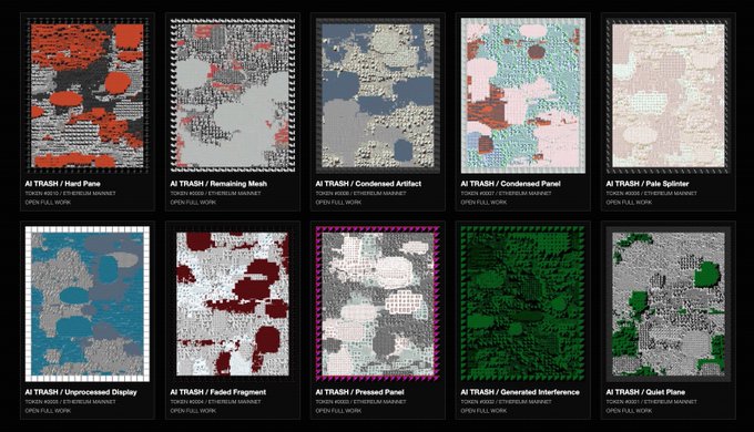 A gallery of 10 digital artworks labeled 'AI TRASH' displayed as NFTs on the Ethereum Mainnet OpenSea platform, featuring various glitchy and pixelated abstract designs.