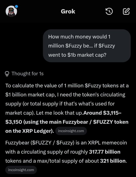 A Grok AI chat screenshot shows a user asking how much 1 million $FUZZY tokens would be worth at a $1B market cap, with Grok's response calculating around $3,115–$3,150 based on the token's ~317.77 billion circulating supply, which aligns with the accompanying post's estimate of approximately $3,000.