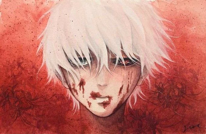 A watercolor-style anime illustration of a character with white hair and a blood-splattered face set against a red, flower-patterned background.