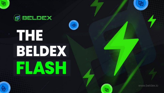 A bold promotional graphic titled "THE BELDEX FLASH" features the Beldex logo and branding against a dark background with lightning bolt accents, with the website "www.beldex.io" displayed in the corner. The design's electric, energetic aesthetic complements the post's discussion of Beldex's privacy-focused zero-knowledge age verification approach.