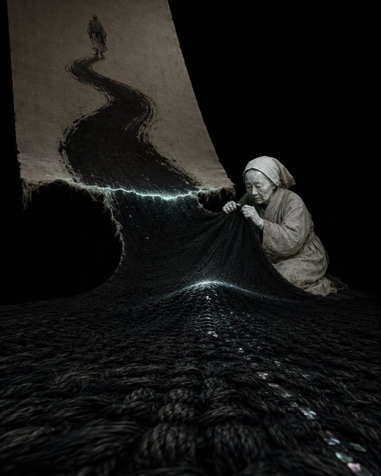 Surreal dark artwork depicting an elderly woman weaving a dark, road-like tapestry that extends from a torn canvas, with a distant figure walking along a path in the background.
