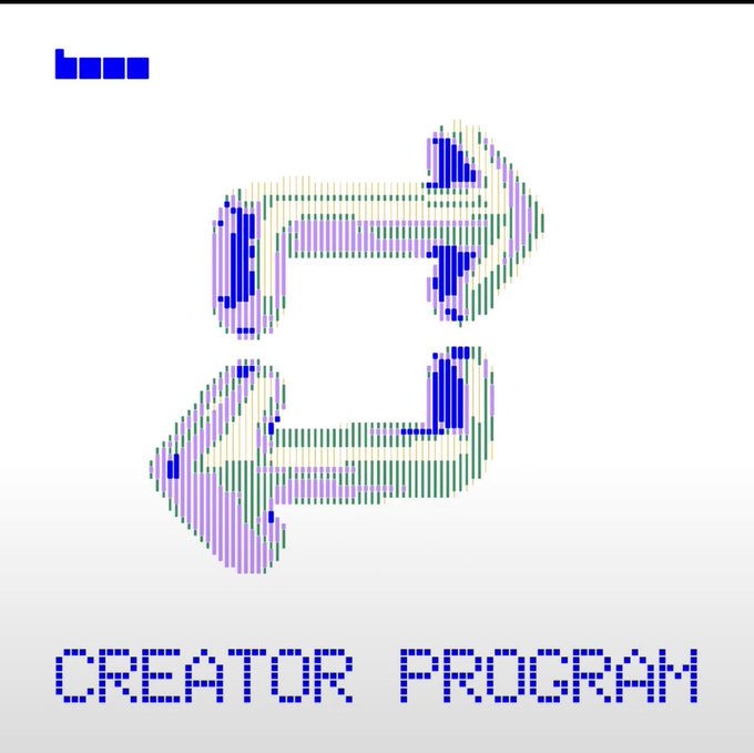 A pixel-art style graphic with blue text "CREATOR PROGRAM" at the bottom, abstract purple/blue/green shapes in the center, and a small blue logo in the top-left corner.
