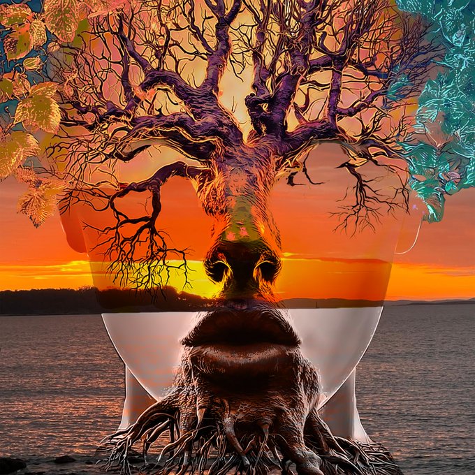 A surreal double-exposure image of a man's face blending with a bare tree and a sunset over water, framed by stylized foliage in orange and teal tones.