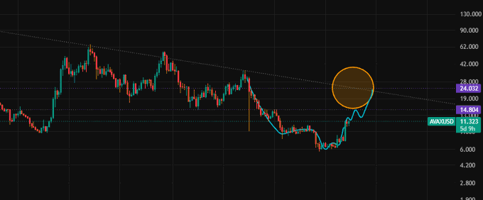 A cryptocurrency price chart shows a falling trendline with a circled area near $24,000, indicating a potential resistance level with price levels marked up to 130,000.