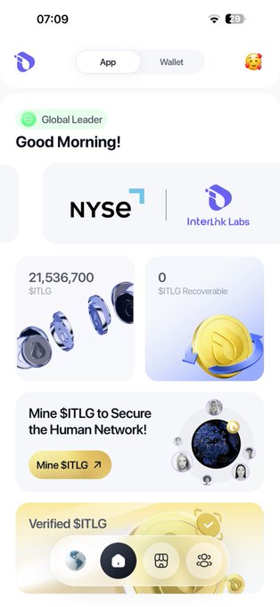 The image shows the Interlink Labs app dashboard displaying "Good Morning!" with a NYSE partnership banner, showing a balance of 21,536,700 $ITLG tokens and 0 $ITLG Recoverable. It promotes the "Mine $ITLG to Secure the Human Network!" feature, aligning with the post's claim of being a top crypto free mining app where users can earn $ITLG daily.