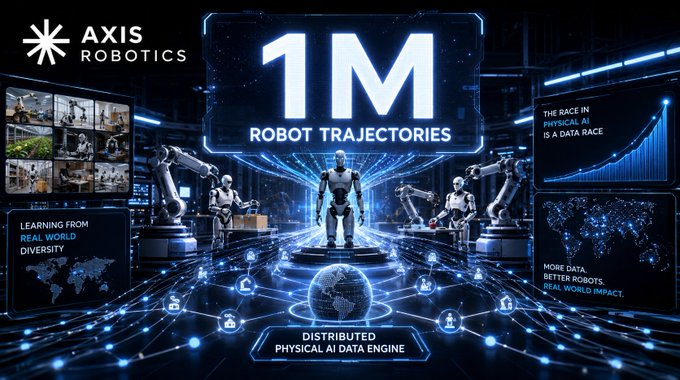 A promotional graphic for Axis Robotics celebrating 1M robot trajectories, featuring humanoid robots and the tagline 'Distributed Physical AI Data Engine' along with charts about physical AI data.