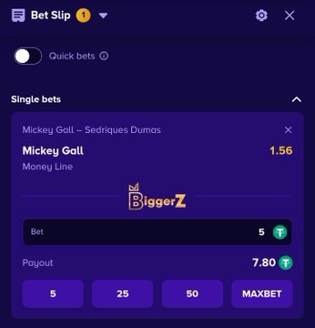A sports betting slip on the Biggerz platform showing a 'Mickey Gall – Sedriques Dumas' Money Line wager with a $5 bet and a potential $7.80 payout.