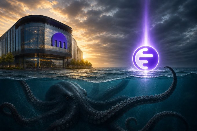 A surreal digital illustration showing a glass building with the Kraken logo next to an ethereal purple Kraken logo emerging from ocean waters with a giant octopus below.