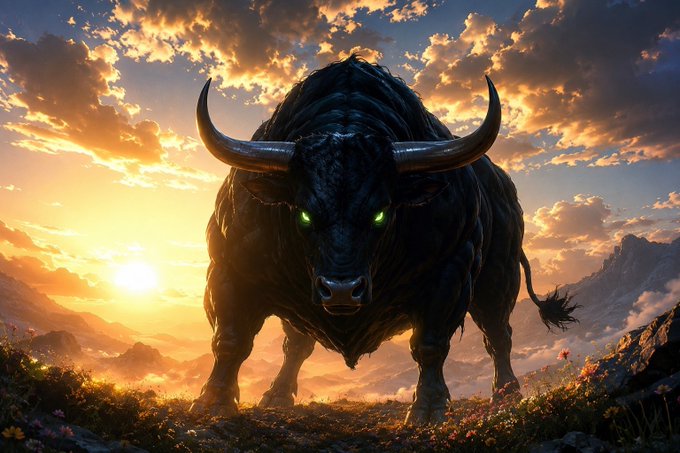 A massive, shadowy bull with glowing green eyes and horns stands in a dramatic sunset landscape, symbolizing the bullish sentiment often associated with crypto trading. The image reinforces the post's message of staying focused on the $ANSEM ticker overnight, evoking the strength and momentum of a market rally.