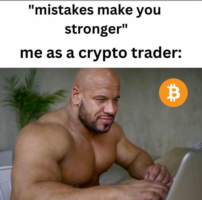 A meme showing a muscular, shirtless man working on a laptop with a Bitcoin (₿) logo, captioned "mistakes make you stronger" and "me as a crypto trader." The humor ties into the "GM!" post by sarcastically implying that suffering through crypto losses only makes a trader stronger.