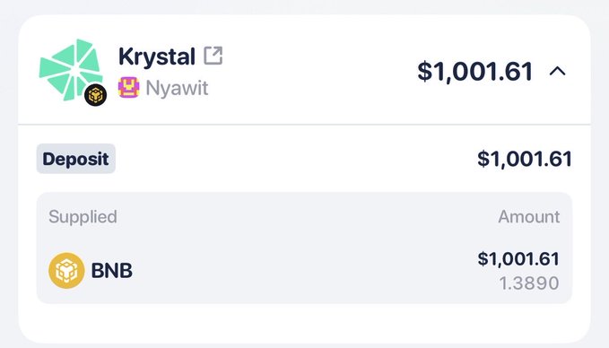 DeFi interface showing a deposit to 'Krystal' protocol by user 'Nyawit' for $1,001.61 in BNB (1.3890).
