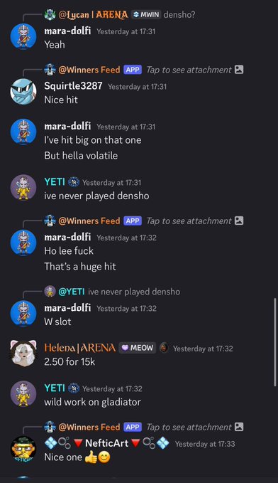 A Discord chat screenshot shows users like mara-dolfi, YETI, and Helena celebrating a big win on the gambling game "densho," with Helena sharing a screenshot of "2.50 for 15k" and others praising the hit, which relates to the post's promotion of a $2.50 to $15k win on MetaWin.