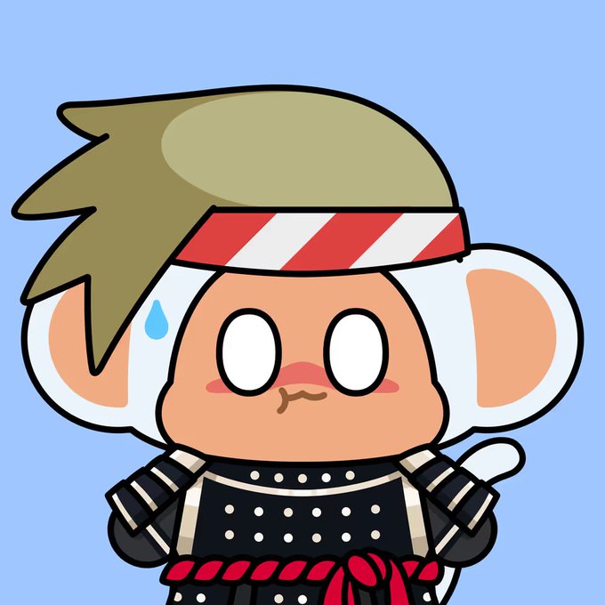 An anime-style chibi character with white mouse-like ears, a red and white headband, and samurai armor, depicted with a worried expression and a sweat drop.
