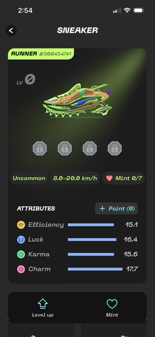 The image shows a mobile app screen for a digital sneaker NFT called "RUNNER #300454741," which is an Uncommon green-colored sneaker at Level 0 with attributes including Efficiency 15.1, Luck 16.4, Karma 15.6, and Charm 17.7, supporting a speed range of 8.0–20.0 km/h. The interface displays "Mint 0/7" and "Level up" options, aligning with the post's reference to earning a "Gambling Mint" reward, though this particular Runner NFT has not yet been minted.