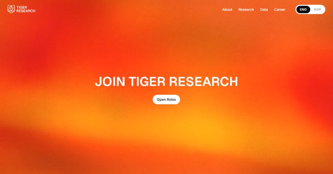 A website header with a vibrant orange and red gradient background displays the navigation menu "About, Research, Data, Career" along with an "ENG/KOR" language toggle, the "TIGER RESEARCH" logo, and a central heading "JOIN TIGER RESEARCH" with an "Open Roles" button.