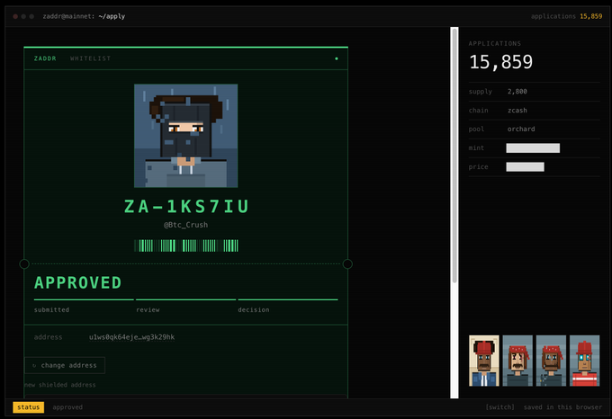 A screenshot of the Zadordomain Whitelist application page shows a successful "APPROVED" status with the user's pixel-art avatar (ID: ZA-1KS71U, @Btc_Crush) displayed prominently, celebrating the milestone alongside a total application count of 15,859.