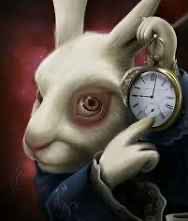 A surreal digital illustration of a white rabbit holding a pocket watch up to its face, evoking an Alice in Wonderland theme with dark, moody tones.