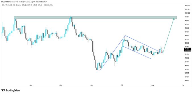 A TradingView candlestick chart of SOL/USDT showing price action with technical analysis markings including a resistance zone around $95-100 and a falling wedge pattern.