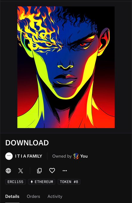 A striking neon-colored digital portrait of a male character with one eye ablaze in flames, displayed on an OpenSea listing for the "ITIA FAMILY" collection on Ethereum (ERC1155, Token #8). The fiery, stylized artwork visually represents the collection's bold identity and on-chain debut, aligning with the post's announcement of ITIA Family's launch as more than just NFTs—a story and identity being established.