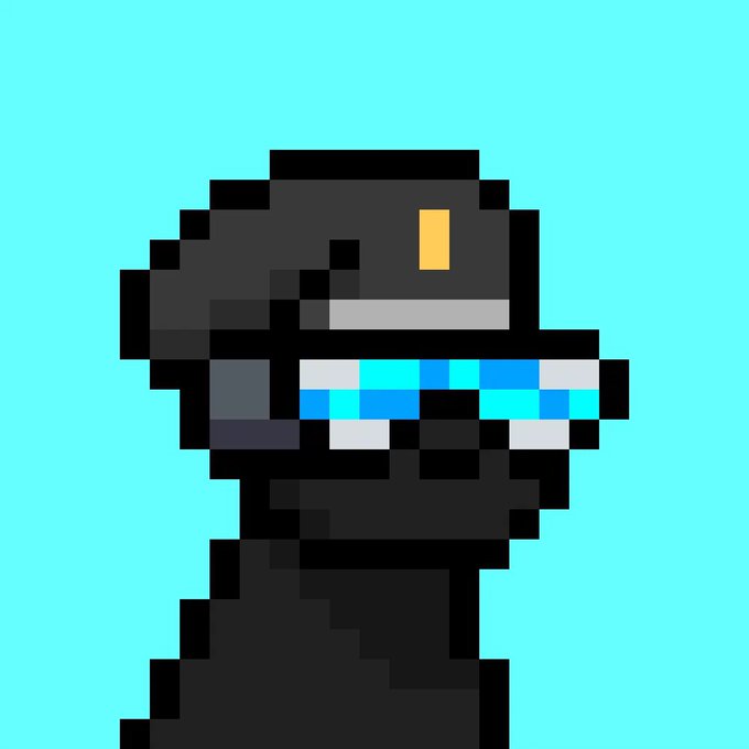 Pixel art of a character resembling an Among Us crewmate wearing a black baseball cap, set against a teal background.