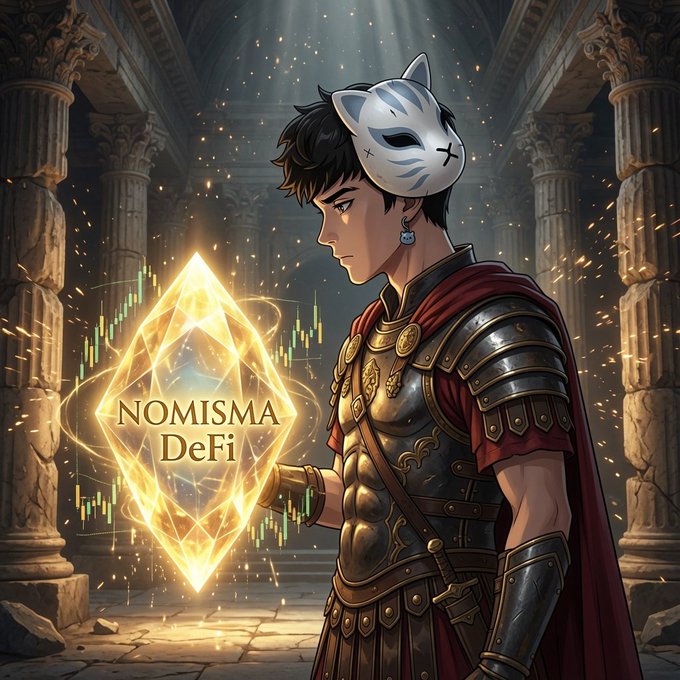 A gladiator-style warrior wearing a white cat-eared mask stands in an ancient temple, gazing at a glowing golden diamond crystal inscribed with "NOMISMA DeFi" and surrounded by candlestick trading charts.

The image visually represents the Nomisma Network testnet mentioned in the post, blending its Greek/Roman warrior aesthetic with crypto trading charts to symbolize the project's AI-DeFi ambitions and the ongoing "Diamond stacking" rewards campaign highlighted in the message.