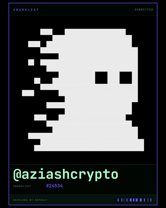 A 'Snarklist' digital artwork with a pixelated white skull-like face on a black background, displaying the username '@aziashcrypto' and number '#24534'.