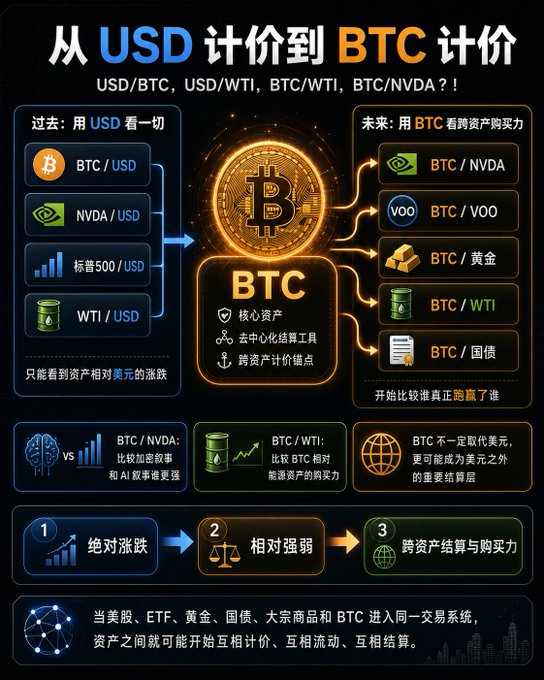The image features a detailed infographic about Bitcoin, with various symbols and icons representing different aspects of the cryptocurrency. The infographic includes elements such as a gold coin symbolizing Bitcoin's value, a dollar sign for its currency, and icons depicting different types of transactions or services related to Bitcoin. The post also provides information in both English and Chinese, making it accessible to a wider audience.