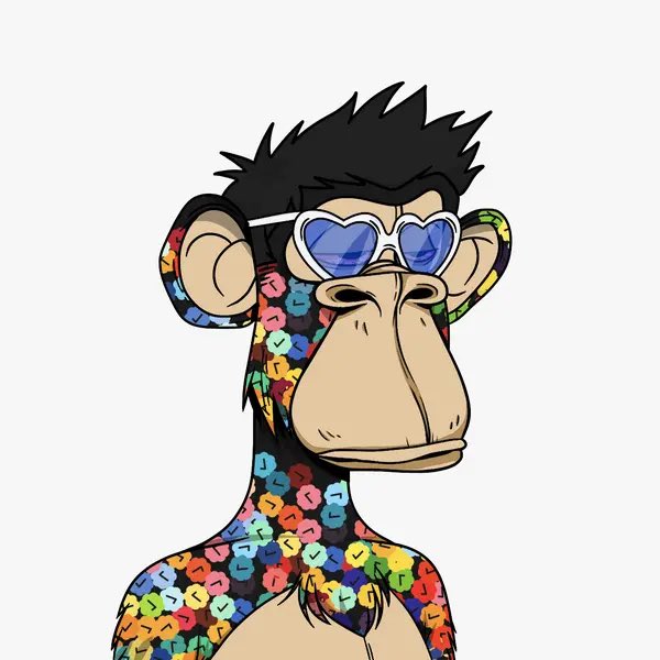 A colorful cartoon illustration of a monkey or chimpanzee character wearing blue heart-shaped sunglasses, with a multicolored letter-patterned body and spiky black hair.