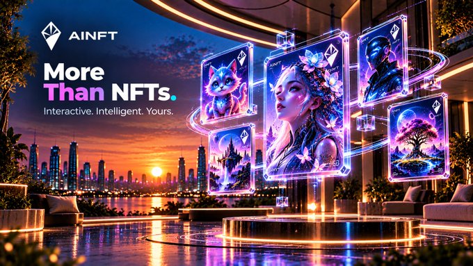 A promotional banner for AINFT reading 'More Than NFTs. Interactive. Intelligent. Yours.' featuring holographic NFT cards with fantasy art over a sunset cityscape.