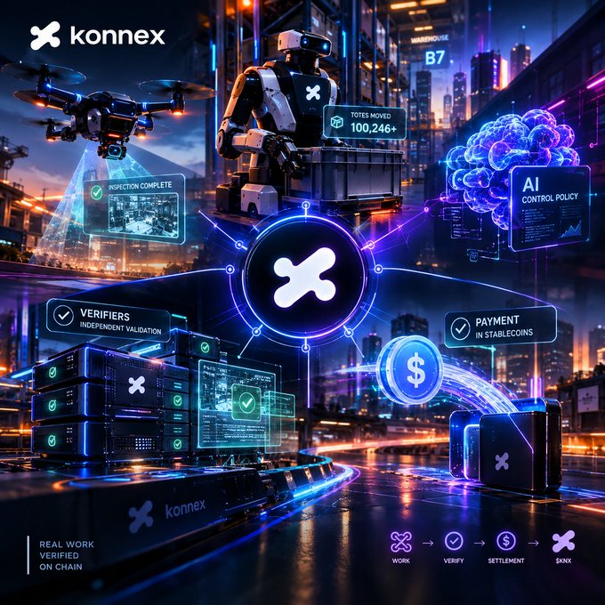 A futuristic promotional graphic for 'konnex' featuring a robot with a drone, showing AI control policy, inspection complete, payment in stablecoins, and workflow steps (WORK, VERIFY, SETTLEMENT, $KNX).