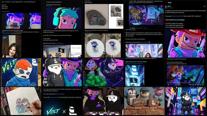 A grid of social media posts showcases artwork and posts related to 'Volt', 'Web3', and various NFT-like digital illustrations.