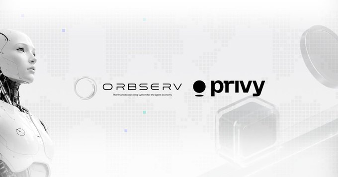The image features an advertisement with a robot standing against a white background, accompanied by a woman's face. The text "ORB" and "PRIVY" are displayed prominently above the robot, while the phrase "Financial infrastructure only matters if people can actually use it." Below this, there is a description of how to create a wallet using the ORB Wallet platform.