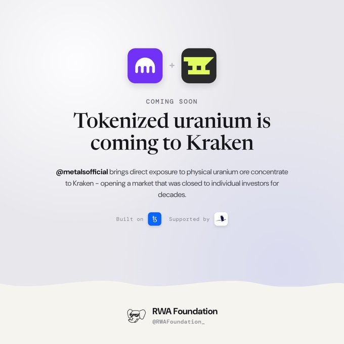 A minimalist announcement graphic stating 'COMING SOON - Tokenized uranium is coming to Kraken,' featuring the Kraken and Metal Official logos, and noting the market is being opened to individual investors for the first time in decades.