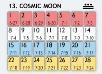 The image shows a monthly calendar page titled "13. COSMIC MOON" with dates from the 1st to the 28th, featuring blue and yellow highlighted sections and corresponding date ranges (like 6-27, 7-3, etc.) below each number. The post "Tomorrow is the first day of 13" refers to the calendar's "13" marking and the 1st of the month shown on the calendar.