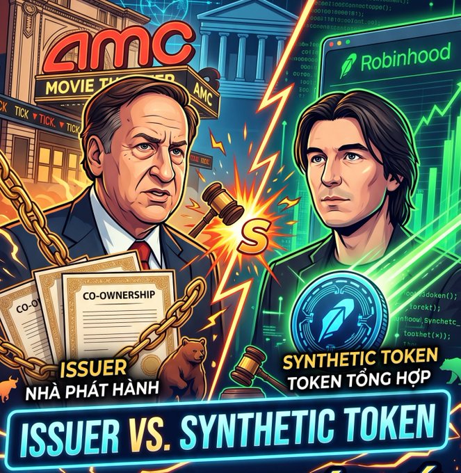 A stylized graphic contrasts AMC’s stock-issuer/co-ownership model with Robinhood and a tokenized “SYNTHETIC TOKEN,” labeled “ISSUER VS. SYNTHETIC TOKEN.”