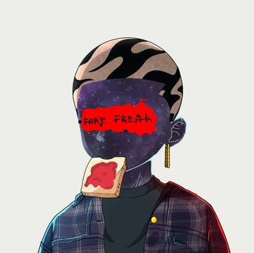 An illustrated portrait of a figure with a cosmic purple face and a red censored bar reading 'F*CK THE ALG', wearing a patterned headwrap and a denim jacket.