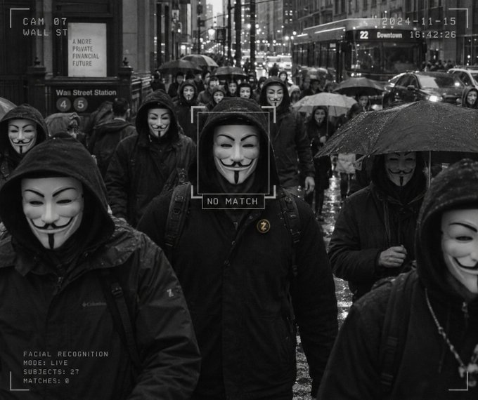 A black and white surveillance-style image shows people wearing Guy Fawkes masks on a rainy Wall Street, with text overlays including 'CAM 07', 'WALL ST', '2024-11-15', and 'NO MATCH'.