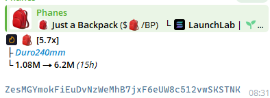 A digital interface showing what appears to be cryptocurrency or token data with entries like 'Phanes', 'Just a Backpack', 'LaunchLab', '[5.7x]', '-Duro240mm', and numerical values '1.08M → 6.2M (15h)'.